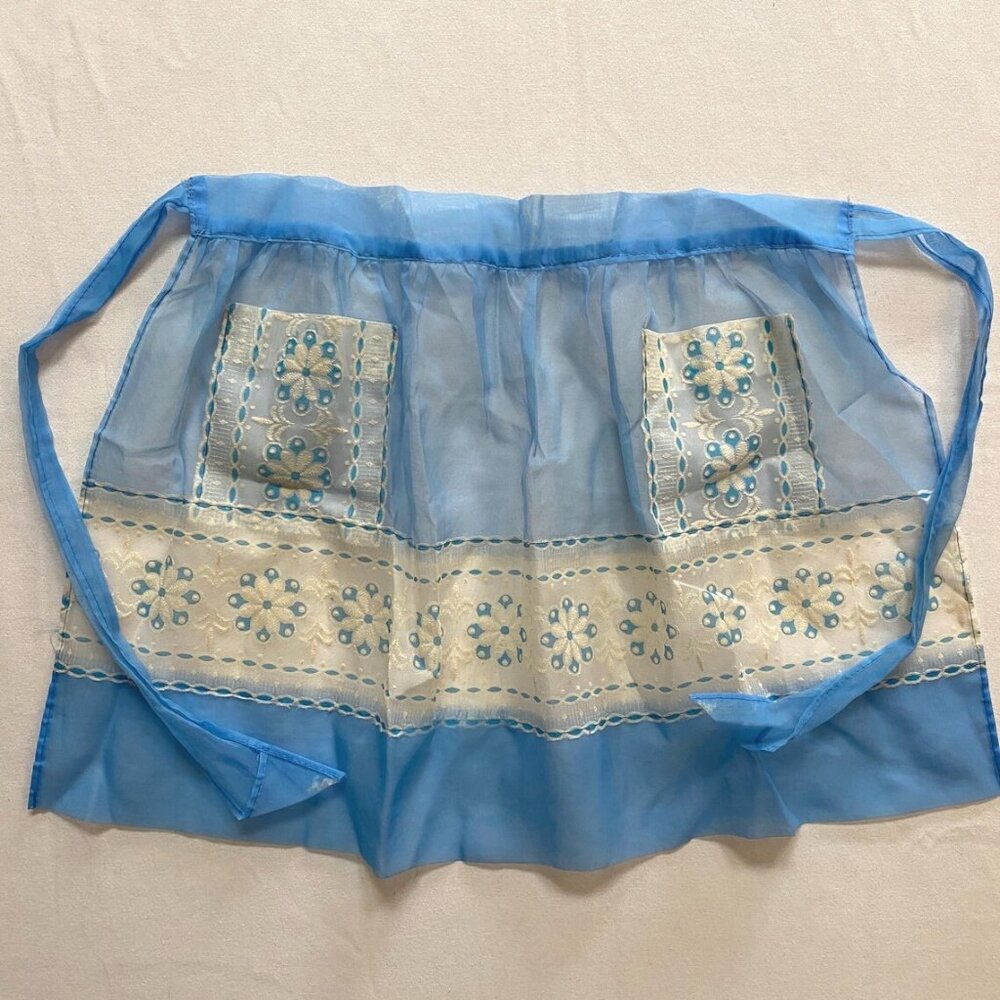 Sheer Kitchen Apron for Cooking Baking Blue Flocked Lace